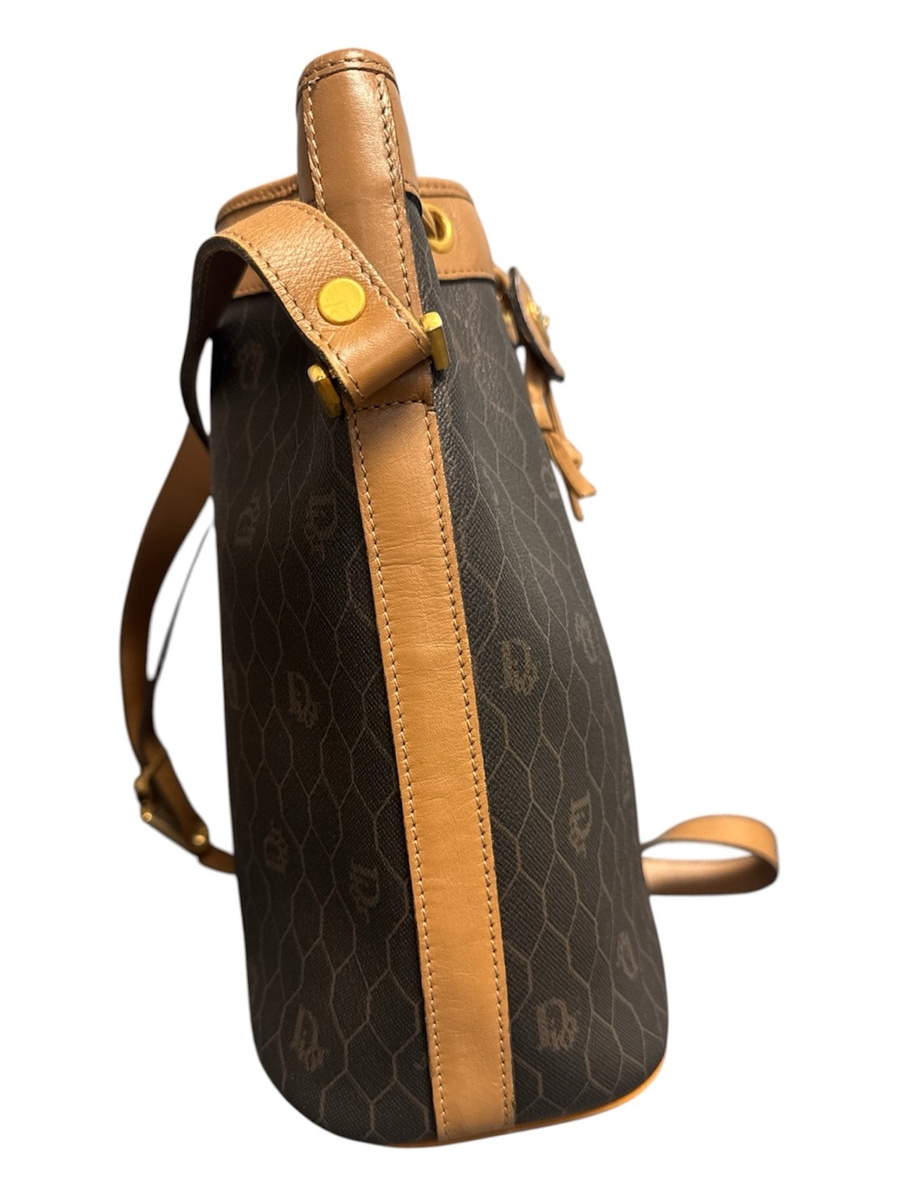 DIOR Honeycomb Monogram PVC Bucket Shoulder Crossbody Bag Brown Tan w/ Pouch - Picture 6 of 17